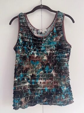 Studio Works Teal & Brown Layered Ruffle Tank
